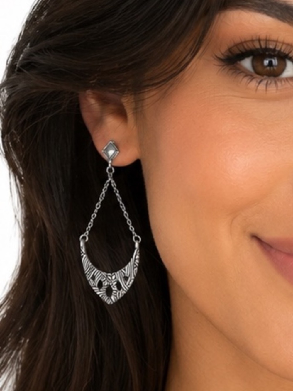 NEW - The Sak Chic Silver Textured & Dangle Drop Chain Post Earrings